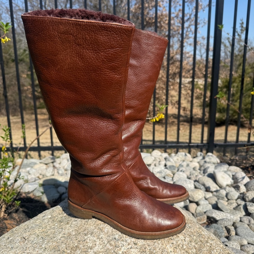 Diane von Furstenberg Womens Leather Knee High Boots Brown Pull On Shearling 8.5